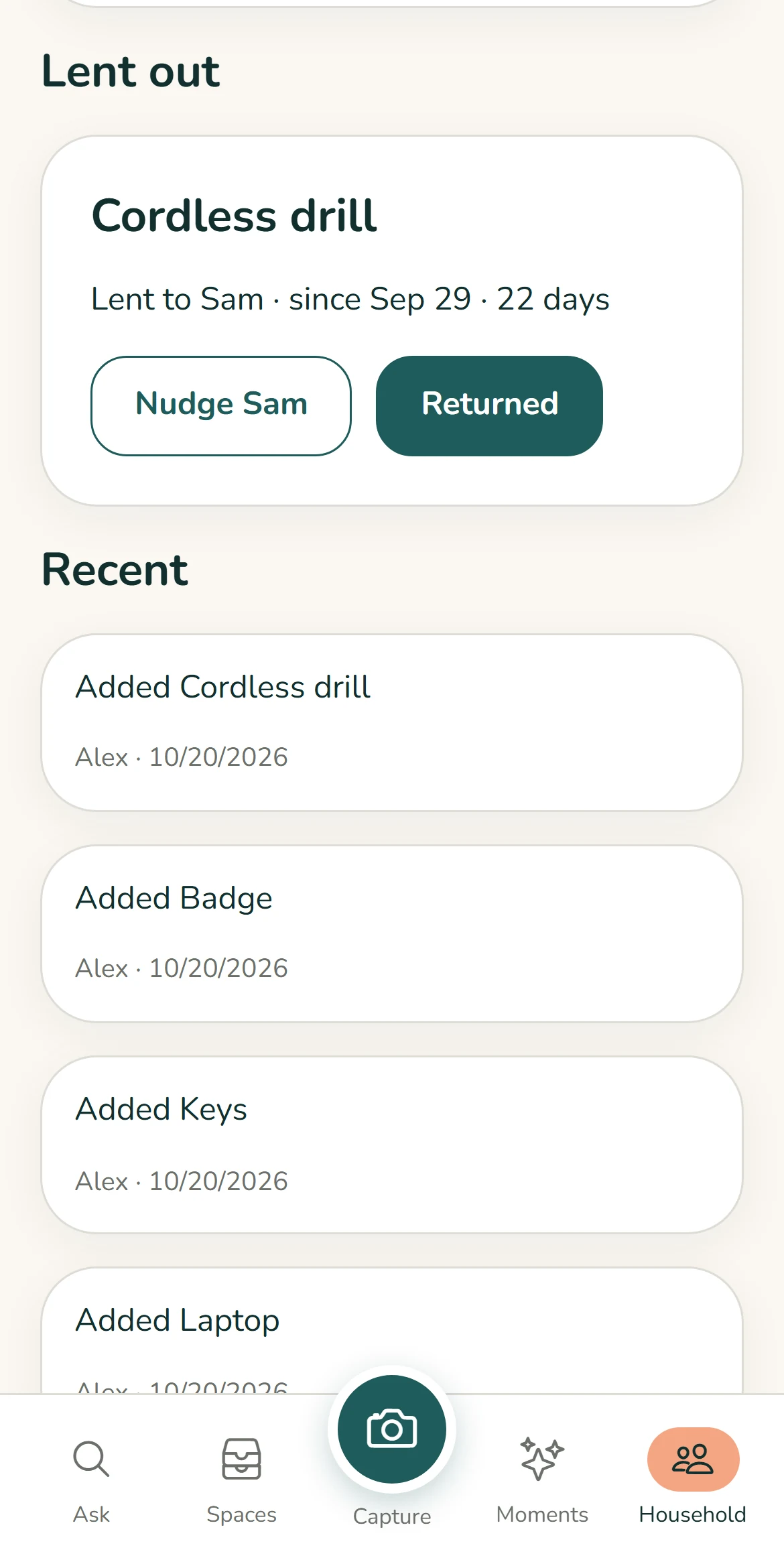 Household shows a recorded cordless drill loan to Sam, a return action and recent household activity.