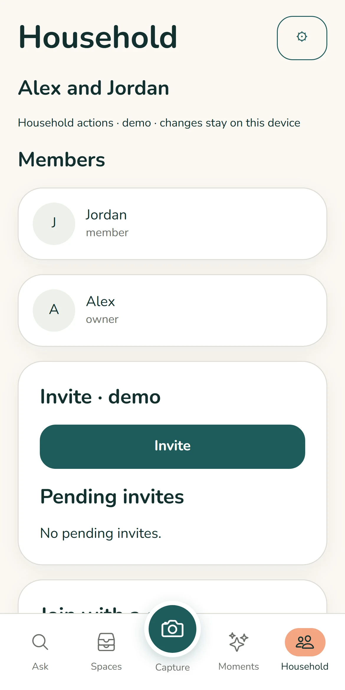 Household shows Alex and Jordan as members of the same home, with an invite button.