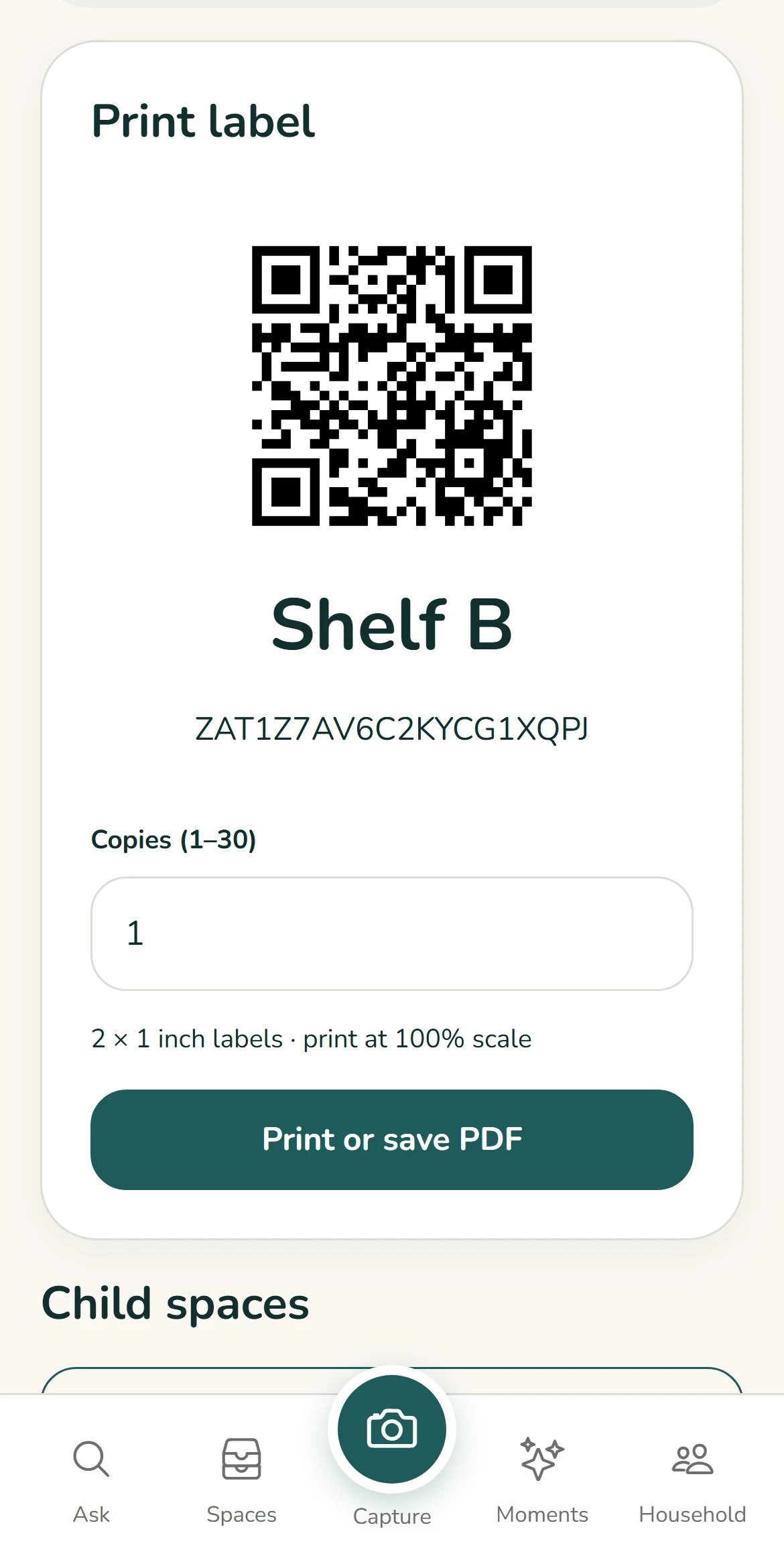 A real printable QR label for Shelf B, with a copies field and print or save PDF button.